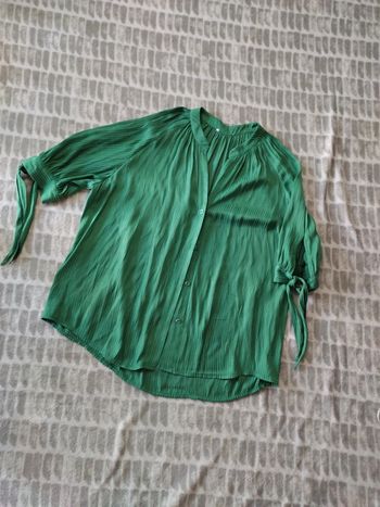 Blouse chemise chemisier vert satiné rayures manches 3/4  a nouer taille 38