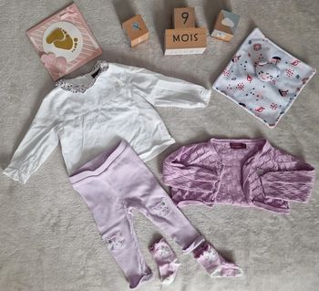 Ensemble Sergent Major : blouse ML + legging + gilet + chaussettes lila & blanc 9M (BE)