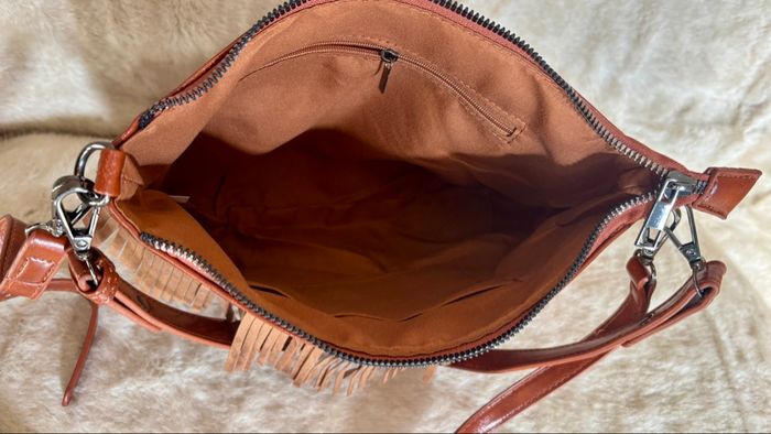 Sac bandoulière western bohème marron rouge style amérindien à franges neuf - photo numéro 6