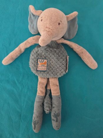 Doudou peluche Éléphant hochet bleu et gris - Sous mon Baobab- Moulin Roty