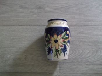 Petit vase multicolore tons bleus jaunes TBE