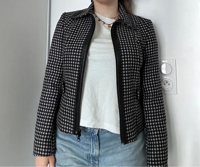 Veste Un Deux Trois – Taille 40 Motif pied-de-poule moderne | Détails simili cuir | Zip central