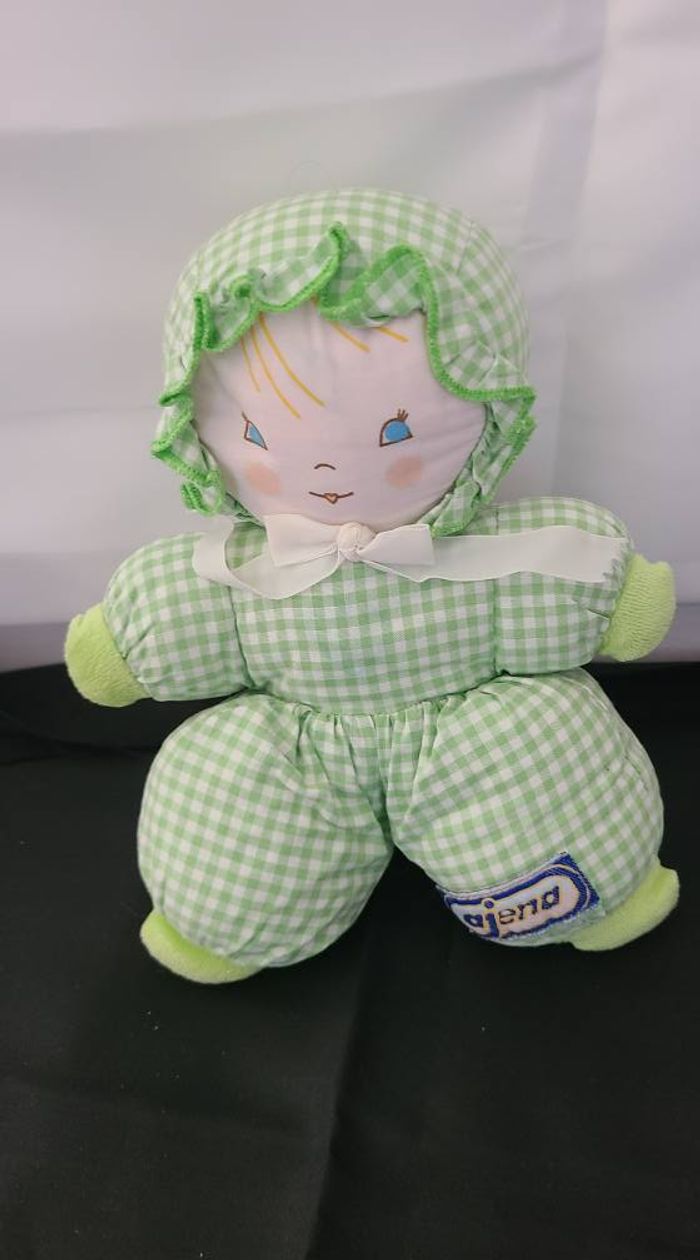 Doudou Poupée vintage Ajena - Vichy vert - grelot - photo numéro 4