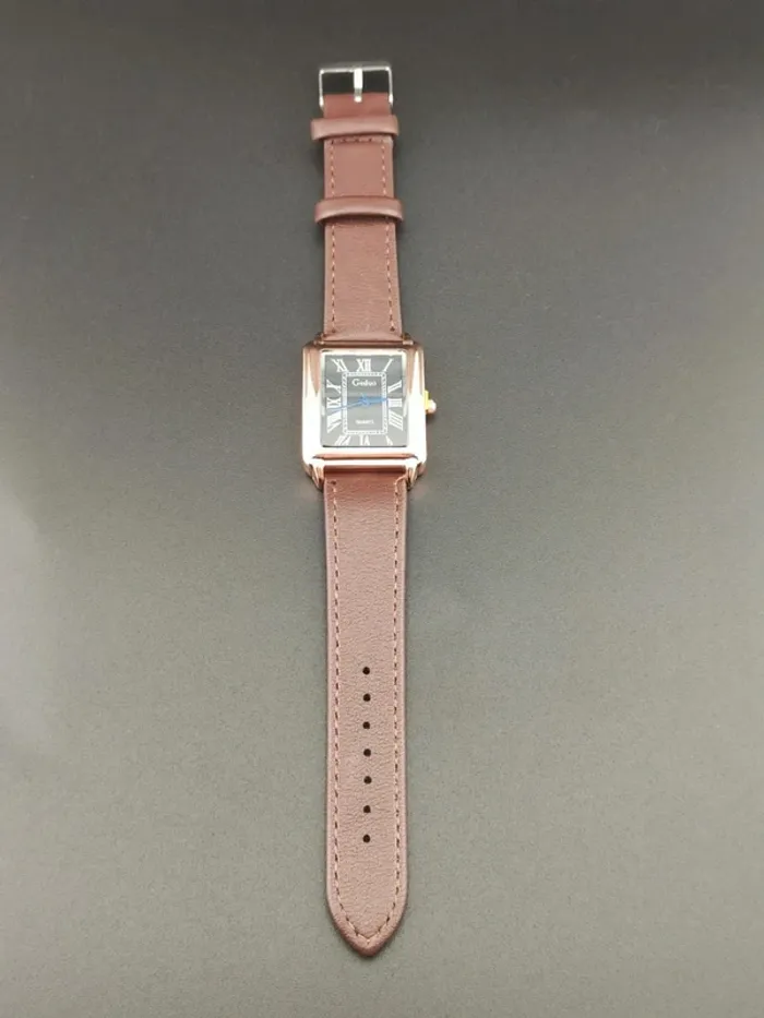 Montre rectangulaire marron-noire, vintage rose - photo numéro 3