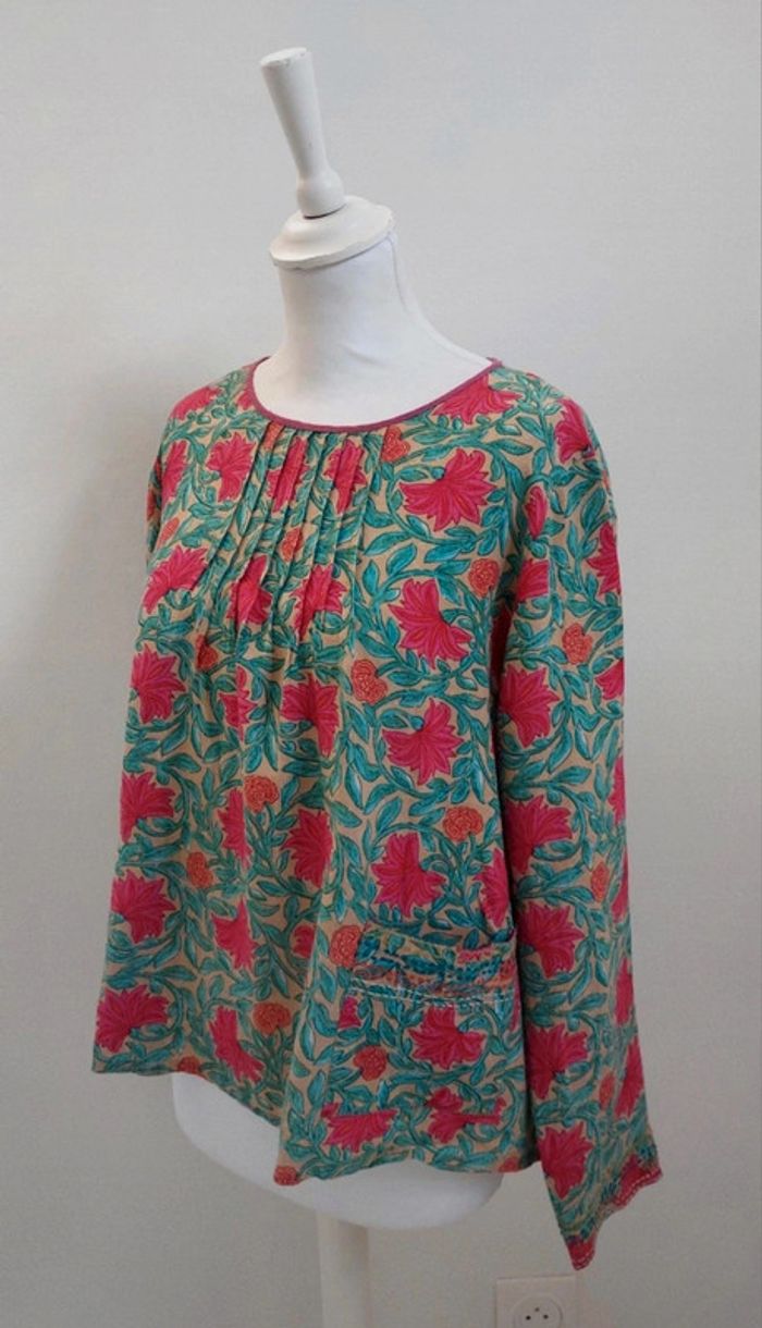 Blouse imprimée à fleurs en lin manches larges M - photo numéro 2