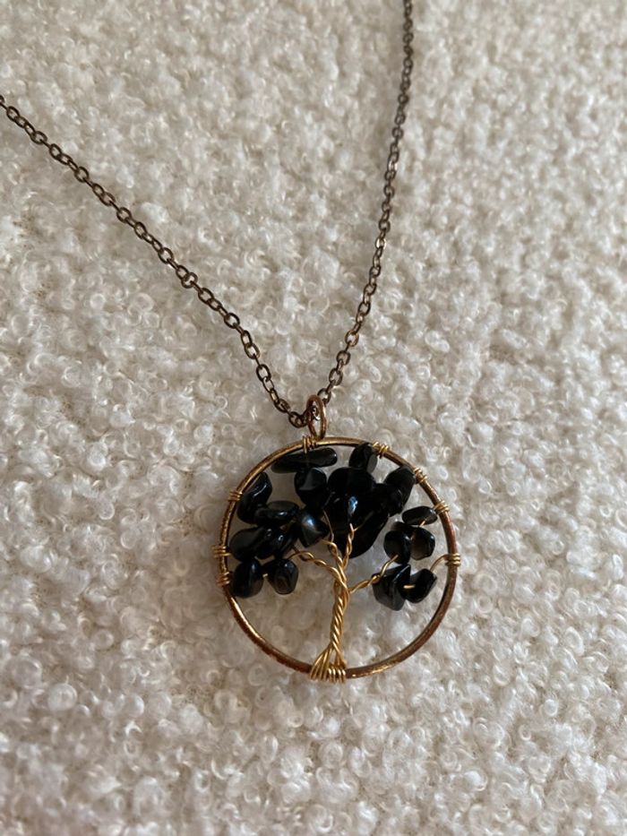 Collier doré arbre perle obsidienne lithothérapie - photo numéro 2