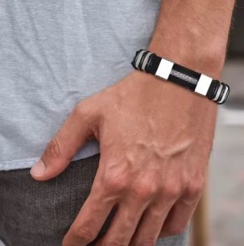 Bracelet en acier inoxydable bracelet  pour hommes punk à maillon en silicone rainure noir