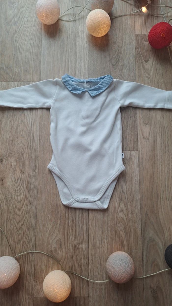 Body manches longues blanc à col claudine bleu Jacadi 3 mois mixte