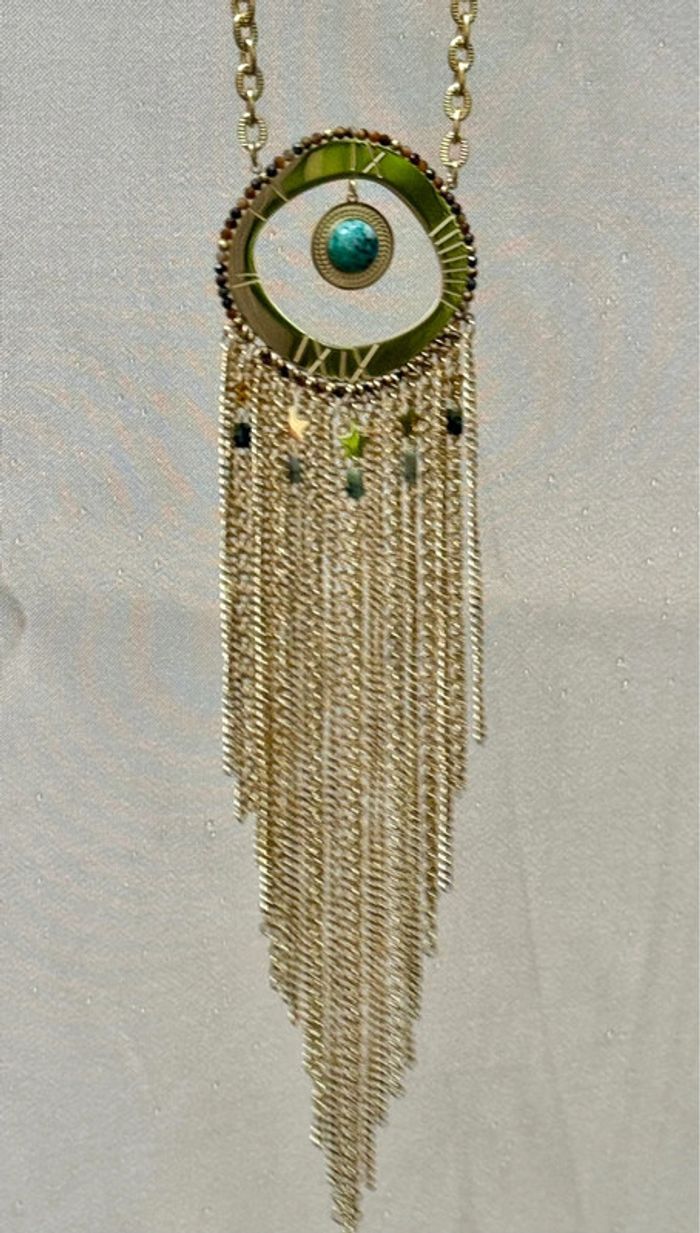 Sautoir habaha Paris acier inoxydable  chaîne  réglable chaises pierres pyrite amazonite dorés - photo numéro 9