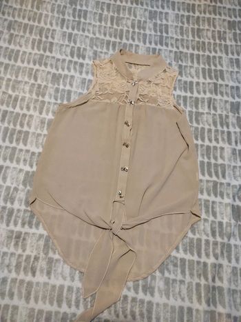 Chemise blouse chemisier sans manches a nouer beige dentelle taille 38