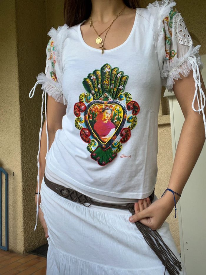 Tee-shirt coquette à sequins Ibiza bohème champêtre barok hippie vintage Frida Kahlo neuf - photo numéro 2