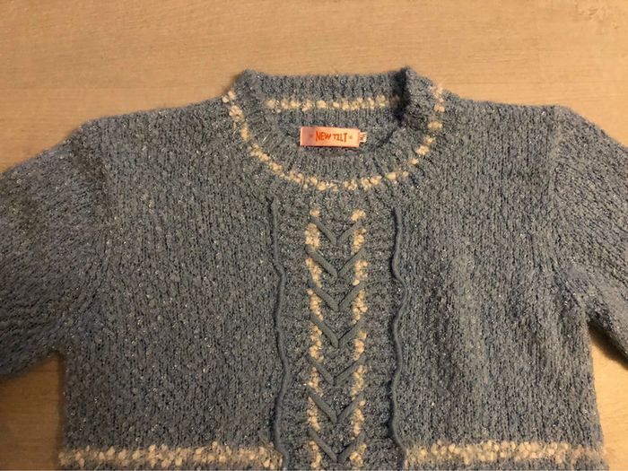 MM1- Pull 30% laine ciel et blanc fantaisie vintage TM/L (38-40) - photo numéro 5