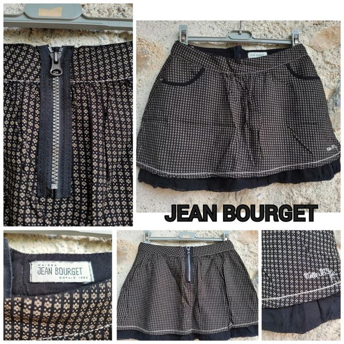 Jean bourget, belle jupe noire à motifs beige, 10 ans