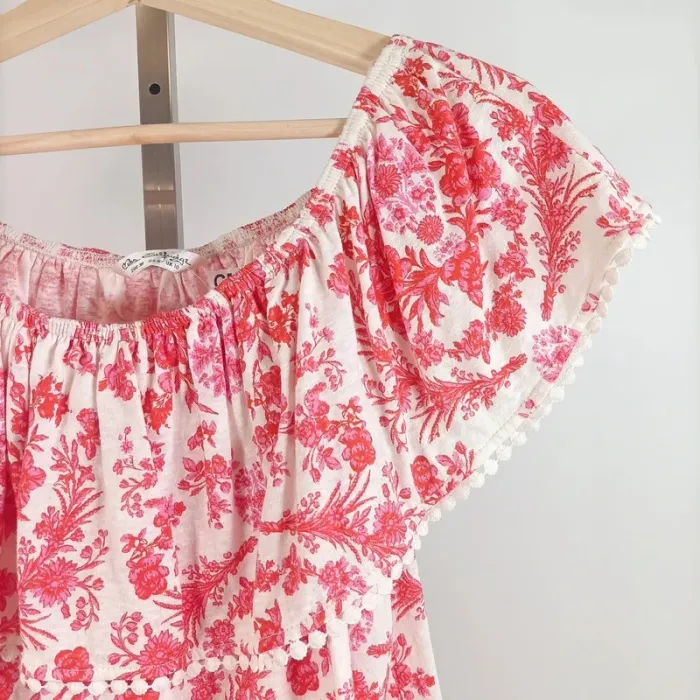 Blouse épaules dénudées motif floral rouge blanc rose Miss Selfridge, taille 38 Neuve A518 - photo numéro 7