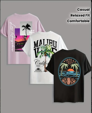 Neuf 3 T-shirts Homme Taille M "MALIBU California" Motif de Palmier et coucher de soleil
