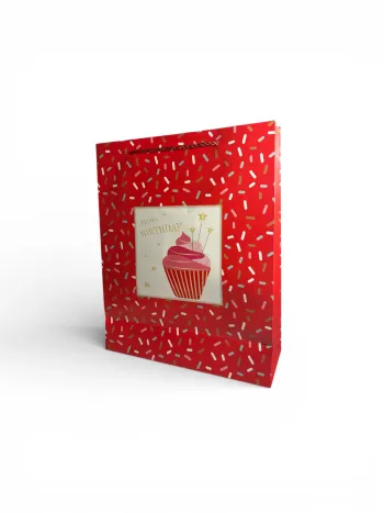 Sac cadeau joyeux anniversaire motif cupcake confetti rouge 26 x 32 x 10 cm Neuf