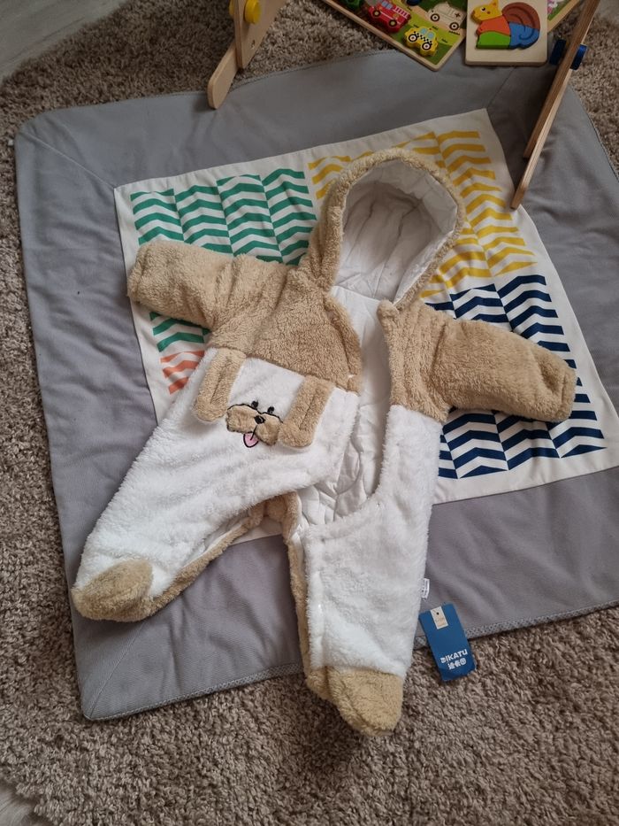 Combinaison bebe hiver chiot camel/blanc 9-12mois