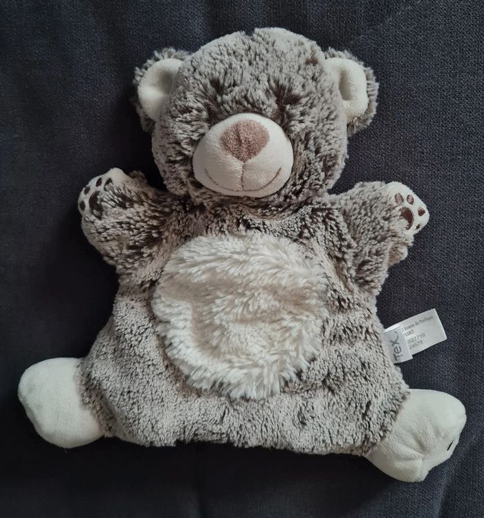 Doudou marionnette ours chiné blanc gris marron - Tex