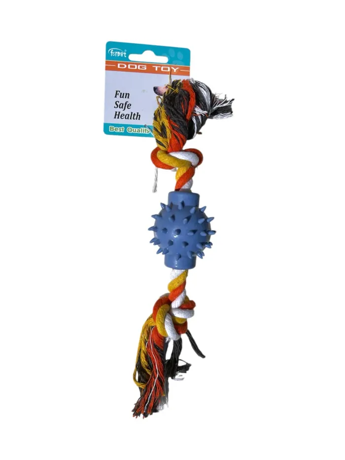 Jouet pour chien FORPET en corde tressée + balle à picots bleue 29 cm Neuf