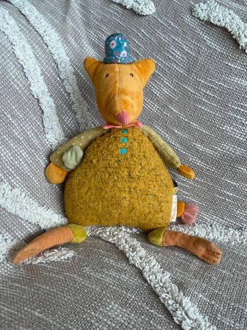 Peluche doudou musical 28cm moulin roty les tartempois renard roux orange et jaune parfait état