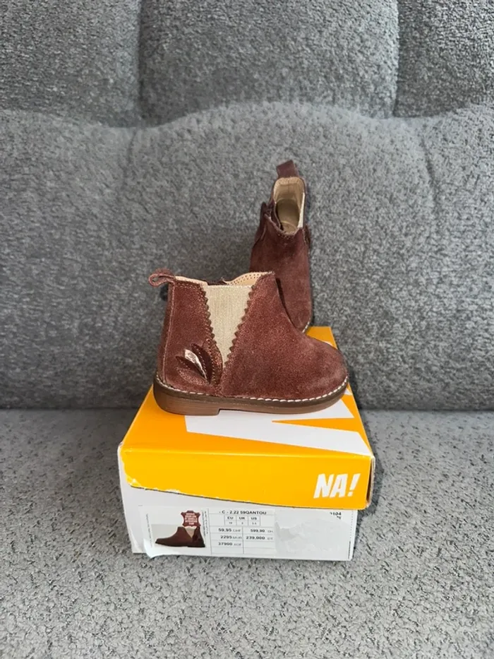 Chaussures bottines premiers pas tout cuir et daim bordeaux rose/doré NA!