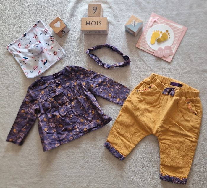 Ensemble Sergent Major Blouse + Pantalon + Bandeau violet & moutarde 9M (BE)