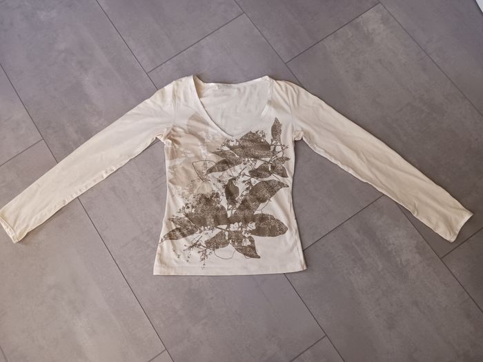 T shirt manches longues col V beige imprimé devant et dos Taille unique Promod - photo numéro 3