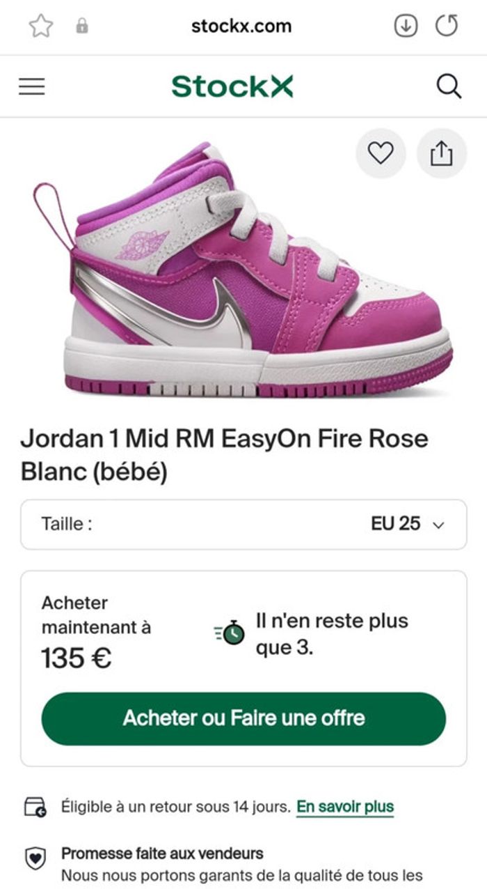 Basket fille Jordan 1 Mid EasyOn Fire rose et blanche Taille 25 neuf - photo numéro 2