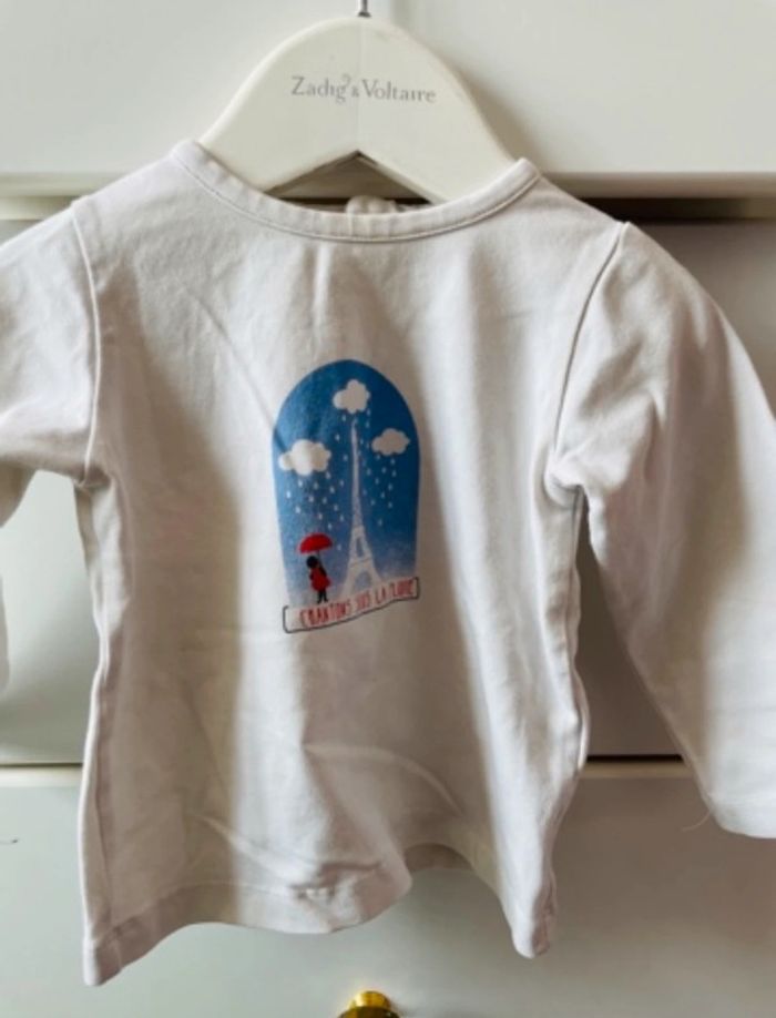 Pull tee shirt manche longue blanc Jacadi 12 mois Tour Eiffel