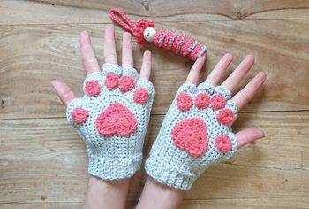 Neuf DIY crochet fait main avec amour gants mitaines pattes de chat femme taille unique et figurine chenille porte bonheur acrylique