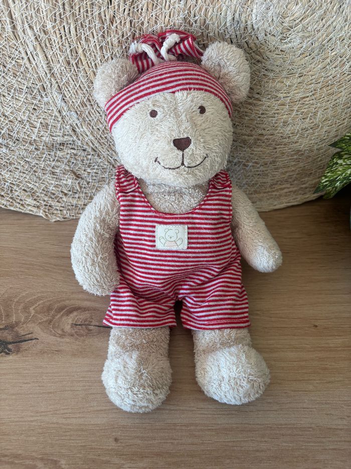 Vintage doudou ours beige combinaison rayé rouge the baby collection nicotoy - photo numéro 3