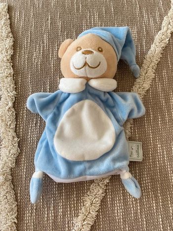 Peluche doudou marionnette mes petits cailloux ours bleu marron blanc parfait état