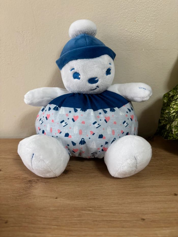 Doudou peluche ours boule bleu blanc bonnet uriage - photo numéro 2