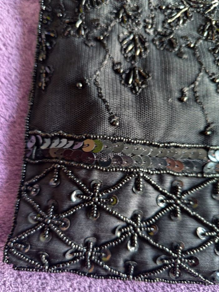 Petit sac à main vintage tissu brodé fermeture anse noir pampille perle sequin - photo numéro 4