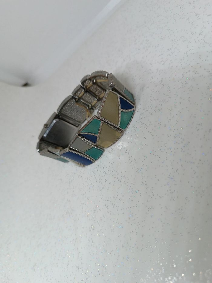 Montre art déco vintage argenté élastique émaillé émaille vert bleu émeraude dpr ldadpr watch quartz - photo numéro 4
