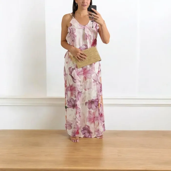 Robe longue fluide fleurs dos nu bretelles fines bohème été