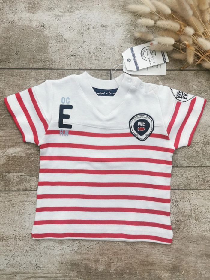 Teeshirt Week-end à la mer 6mois rouge et blanc marinière Neuf avec étiquette
