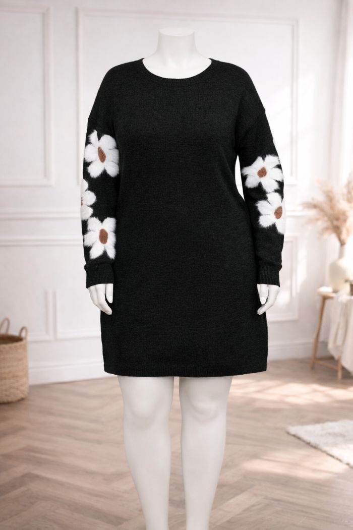 Robe pull en tricot noire au motif marguerites sur les manches Femme taille 54 marque Asos 💍 - photo numéro 5