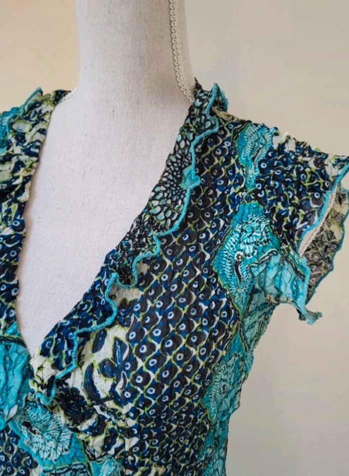 Blouse manches courtes à motifs bleu marine turquoise et vert anis Julie Guerlande Taille 1 ou 34 - photo numéro 3