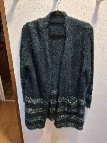 Magnifique gilet long femme noir/blanc/métallisé XXL (4) maille angora acrylique très bon état