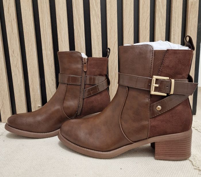 Bottines bi matière brown cuir daim automne - photo numéro 2