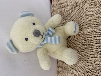 Doudou ours jaune écharpe rayé bleu Luminou JEMINI