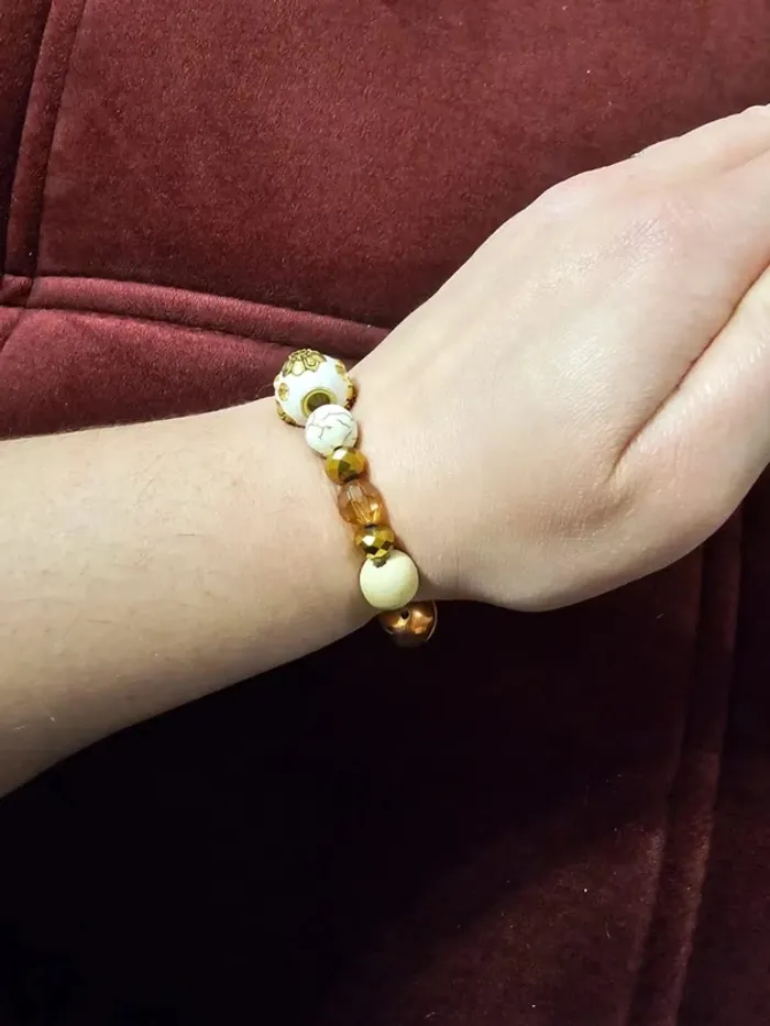 Bracelet Perles Fantaisie - Motifs Dorés - 15.5cm - Neuf - photo numéro 2