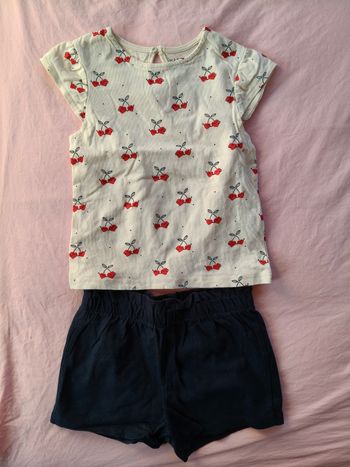 Ensemble été fille Kiabi blanc bleu marine cerises 80 cm