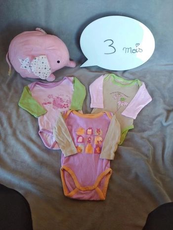 Lot de 3 bodies manches longues Fille 3 mois Carrefour 100% coton