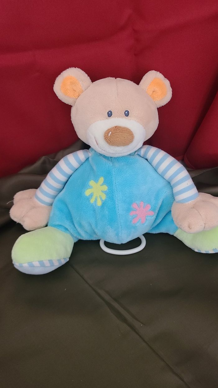 Doudou peluche ours bleu vert long bras NATTOU musical - photo numéro 2