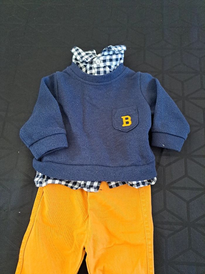 Ensemble pantalon moutarde et pull avec chemise intégrée marine 3 mois - photo numéro 2
