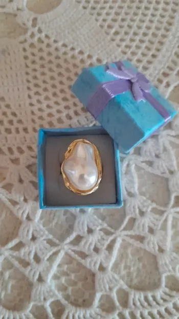 Bagueavec grande perle blanche réglable style bohème Doré