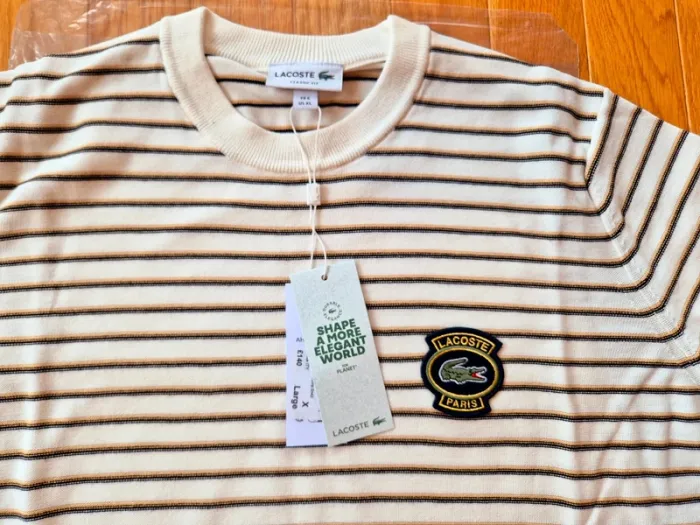 Pull "Lacoste" Blanc à rayures Taille XL neuf sous blister 100 % coton organique. - photo numéro 10