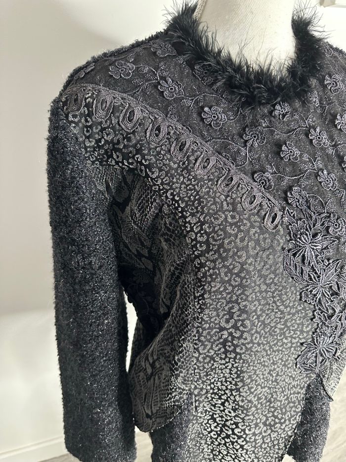 Pull patchwork laine noir et argenté Vintage T38 M - photo numéro 3